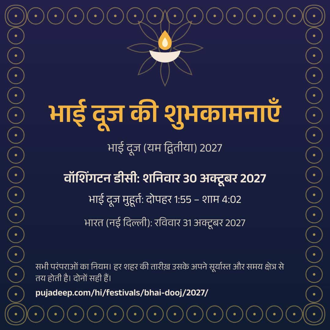भाई दूज की शुभकामनाएँ। भाई दूज (यम द्वितीया) 2027। वॉशिंगटन डीसी: शनिवार 30 अक्टूबर 2027। भाई दूज मुहूर्त: दोपहर 1:55 – शाम 4:02। भारत (नई दिल्ली): रविवार 31 अक्टूबर 2027। सभी परंपराओं का नियम। हर शहर की तारीख़ उसके अपने सूर्यास्त और समय क्षेत्र से तय होती है। दोनों सही हैं। pujadeep.com/hi/festivals/bhai-dooj/2027/.