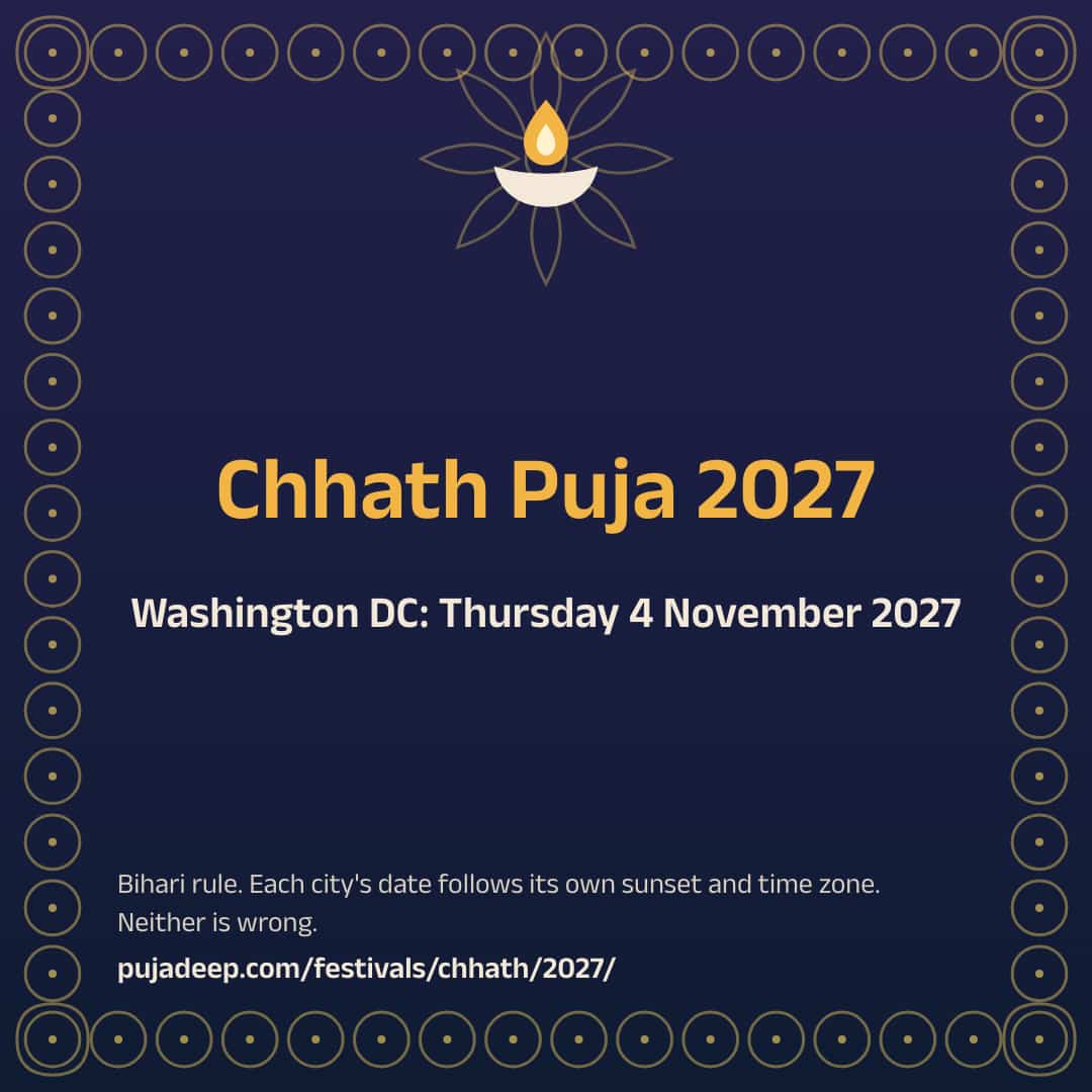 Chhath Puja 2027. Washington DC: Thursday 4 November 2027. Bihari rule. Each city's date follows its own sunset and time zone. Neither is wrong. pujadeep.com/festivals/chhath/2027/.