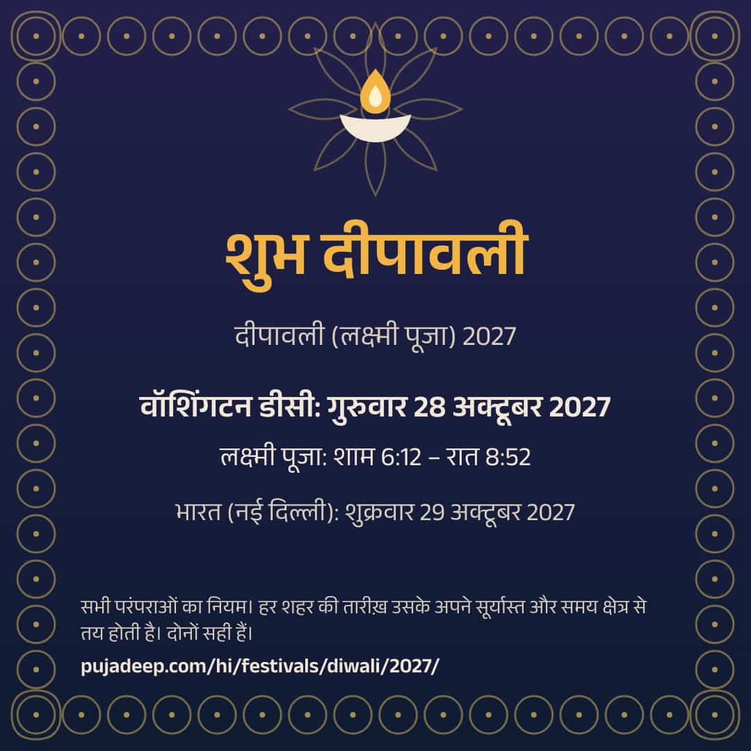 शुभ दीपावली। दीपावली (लक्ष्मी पूजा) 2027। वॉशिंगटन डीसी: गुरुवार 28 अक्टूबर 2027। लक्ष्मी पूजा: शाम 6:12 – रात 8:52। भारत (नई दिल्ली): शुक्रवार 29 अक्टूबर 2027। सभी परंपराओं का नियम। हर शहर की तारीख़ उसके अपने सूर्यास्त और समय क्षेत्र से तय होती है। दोनों सही हैं। pujadeep.com/hi/festivals/diwali/2027/.