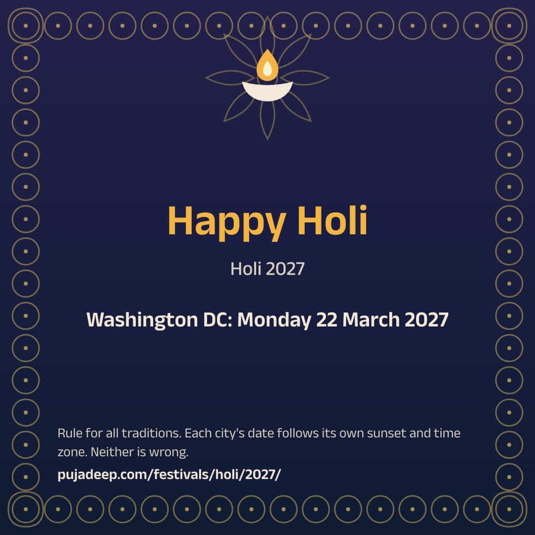 Happy Holi. Holi 2027. Washington DC: Monday 22 March 2027. Rule for all traditions. Each city's date follows its own sunset and time zone. Neither is wrong. pujadeep.com/festivals/holi/2027/.
