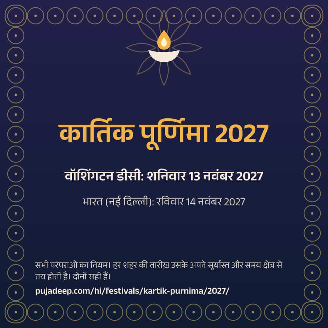 कार्तिक पूर्णिमा 2027। वॉशिंगटन डीसी: शनिवार 13 नवंबर 2027। भारत (नई दिल्ली): रविवार 14 नवंबर 2027। सभी परंपराओं का नियम। हर शहर की तारीख़ उसके अपने सूर्यास्त और समय क्षेत्र से तय होती है। दोनों सही हैं। pujadeep.com/hi/festivals/kartik-purnima/2027/.