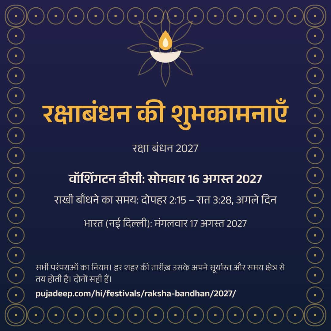 रक्षाबंधन की शुभकामनाएँ। रक्षा बंधन 2027। वॉशिंगटन डीसी: सोमवार 16 अगस्त 2027। राखी बाँधने का समय: दोपहर 2:15 – रात 3:28, अगले दिन। भारत (नई दिल्ली): मंगलवार 17 अगस्त 2027। सभी परंपराओं का नियम। हर शहर की तारीख़ उसके अपने सूर्यास्त और समय क्षेत्र से तय होती है। दोनों सही हैं। pujadeep.com/hi/festivals/raksha-bandhan/2027/.