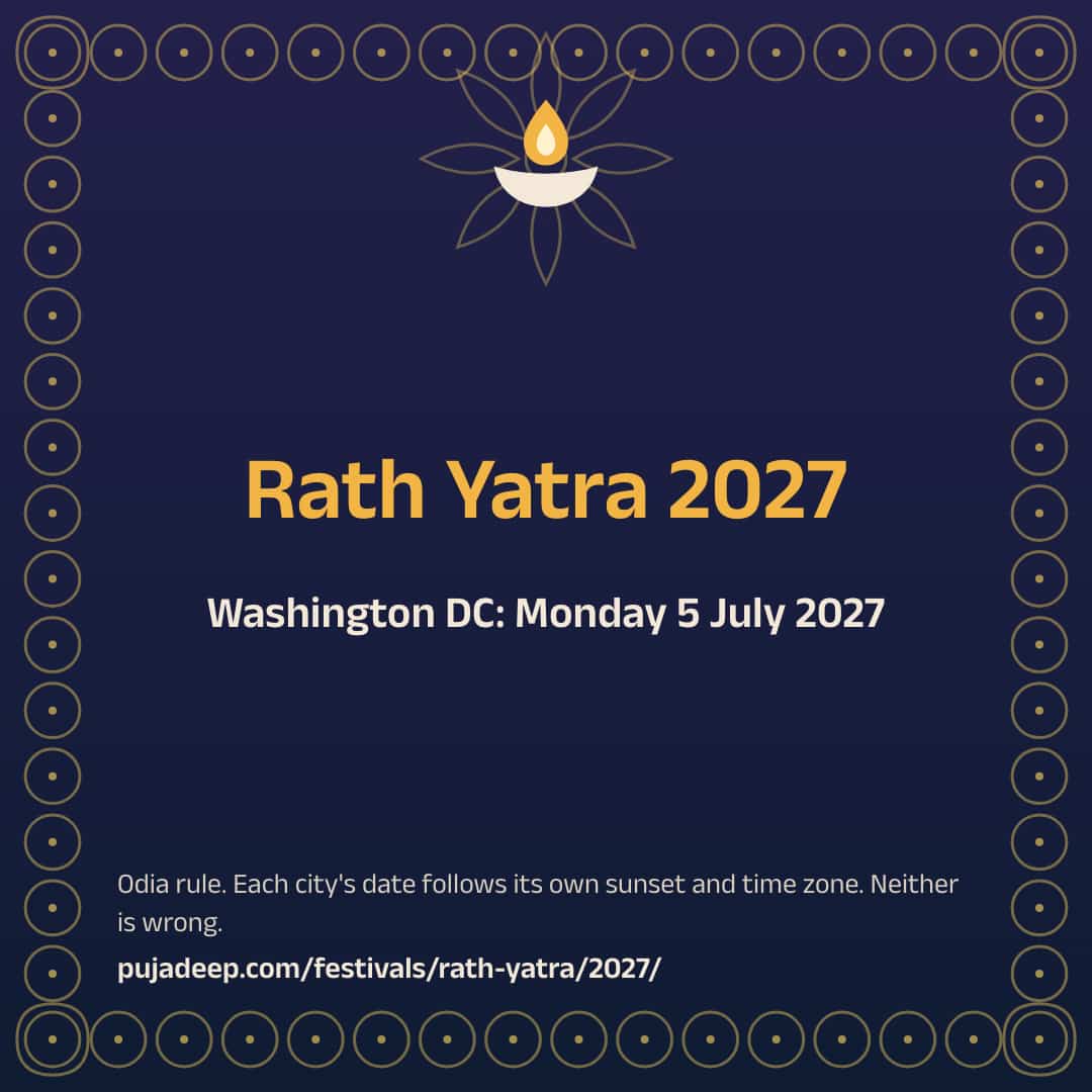Rath Yatra 2027. Washington DC: Monday 5 July 2027. Odia rule. Each city's date follows its own sunset and time zone. Neither is wrong. pujadeep.com/festivals/rath-yatra/2027/.