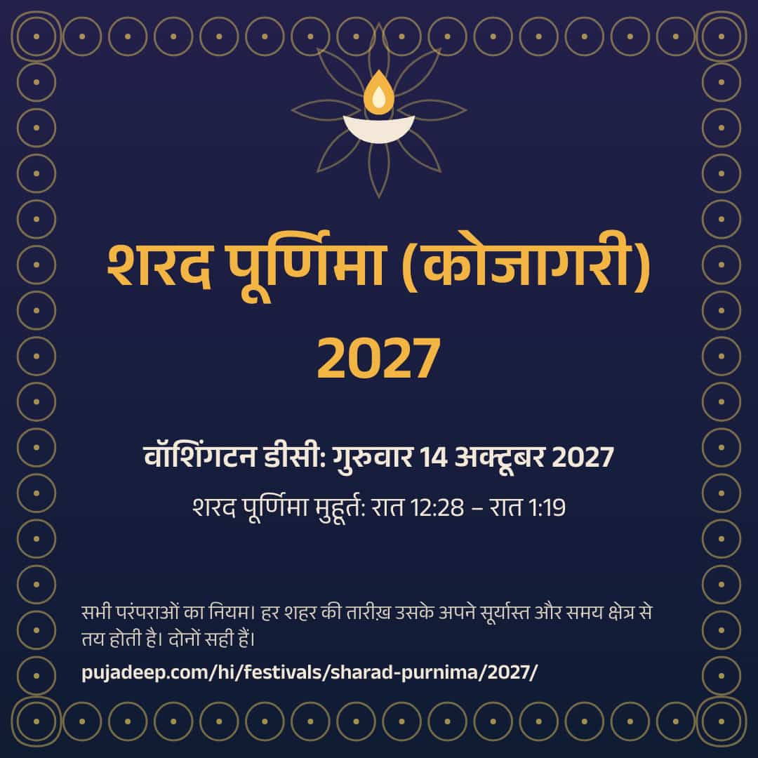 शरद पूर्णिमा (कोजागरी) 2027। वॉशिंगटन डीसी: गुरुवार 14 अक्टूबर 2027। शरद पूर्णिमा मुहूर्त: रात 12:28 – रात 1:19। सभी परंपराओं का नियम। हर शहर की तारीख़ उसके अपने सूर्यास्त और समय क्षेत्र से तय होती है। दोनों सही हैं। pujadeep.com/hi/festivals/sharad-purnima/2027/.