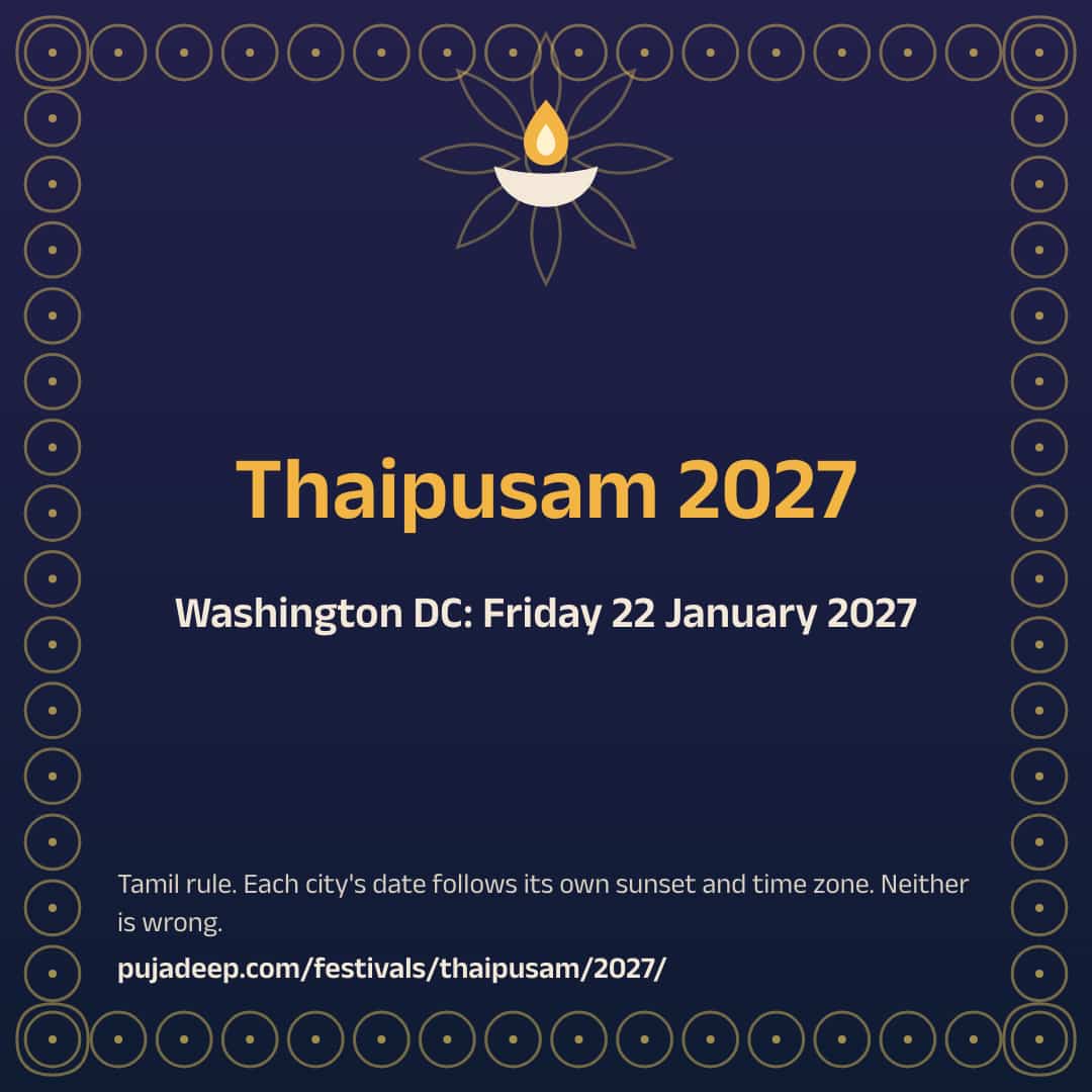 Thaipusam 2027. Washington DC: Friday 22 January 2027. Tamil rule. Each city's date follows its own sunset and time zone. Neither is wrong. pujadeep.com/festivals/thaipusam/2027/.