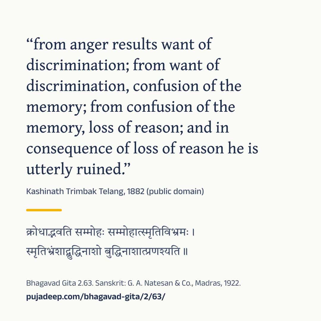 “from anger results want of discrimination; from want of discrimination, confusion of the memory; from confusion of the memory, loss of reason; and in consequence of loss of reason he is utterly ruined.” Kashinath Trimbak Telang, 1882 (public domain) (in Devanagari) Bhagavad Gita 2.63. Sanskrit: G. A. Natesan & Co., Madras, 1922. pujadeep.com/bhagavad-gita/2/63/.