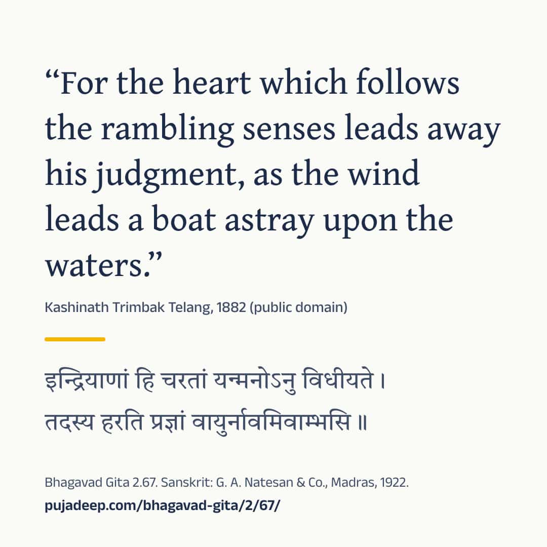 “For the heart which follows the rambling senses leads away his judgment, as the wind leads a boat astray upon the waters.” Kashinath Trimbak Telang, 1882 (public domain) (in Devanagari) Bhagavad Gita 2.67. Sanskrit: G. A. Natesan & Co., Madras, 1922. pujadeep.com/bhagavad-gita/2/67/.